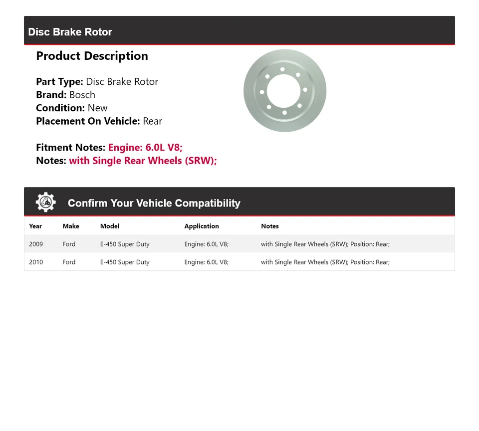 Rotor de freno de disco trasero Bosch QuietCast 6,0 L para Ford E-450 Super Duty 2009-2010 Foto 2 de 4