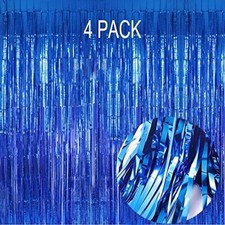 Foil Fringe Curtain- 4 Pack of 3.2x8.2ft Streamers Backdrop Curtains for Blue