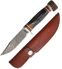 Marbles Fixed Knife 4" Damascus Steel Skinner Blade Horn Handle w/Stainless