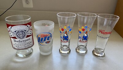 Vintage Beer Glasses Mixed Lot Of 5 Budweiser Miller Lite Spuds Hamm Drinking
