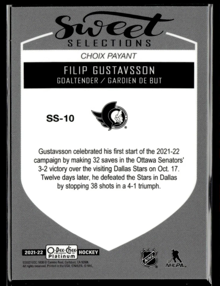 2021-22 O-Pee-Chee Platinum Sweet Selections Filip Gustavsson #SS-10 - Image 2 of 2
