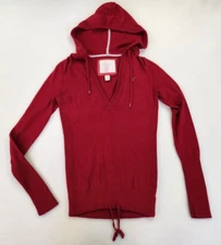 AMERICAN EAGLE V-Neck Pullover Red Angora Cotton Hooded Sweater Women M Vintage