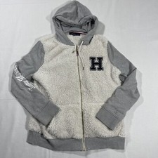 Tommy Hilfiger White/Gray Faux Sherpa Fleece Full-Zip Jacket Hoodie size M