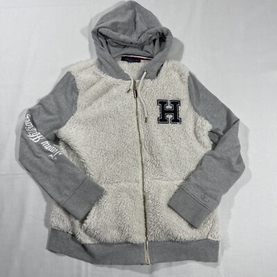 Tommy Hilfiger White/Gray Faux Sherpa Fleece Full-Zip Jacket Hoodie size M 