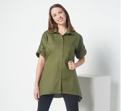 Truth + Style Woven Dolman Sleeve Shirtw/ Shark Bite Hem Olive 1X