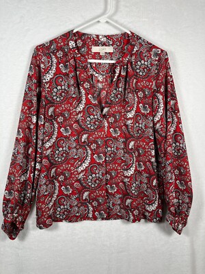 Ann Taylor Loft Paisley Split Neck Blouse Size Small Red Print Wear to Work Top