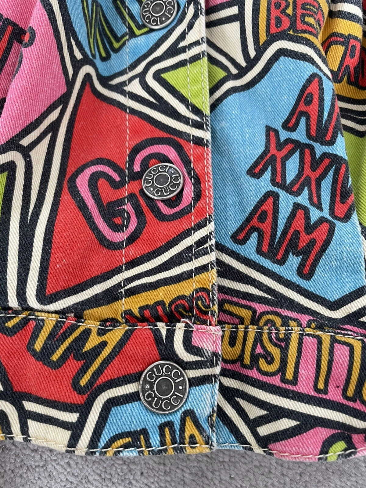 Autentica giacca denim fumetto GUCCI per bambine blu rosa verde colorato GG età 5