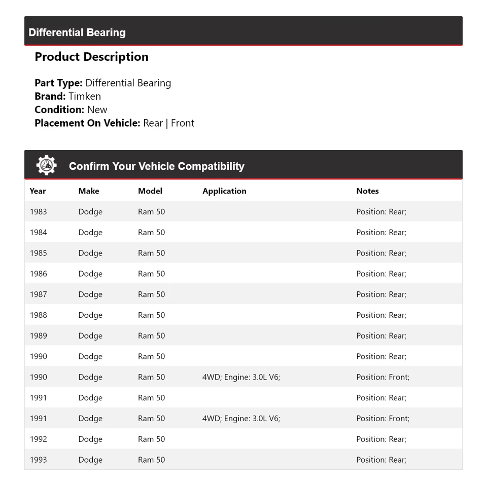 Cojinete diferencial Timken 1984 1985 1986 1987 1988 para Dodge Ram 50 1983-1993 Foto 2 de 4