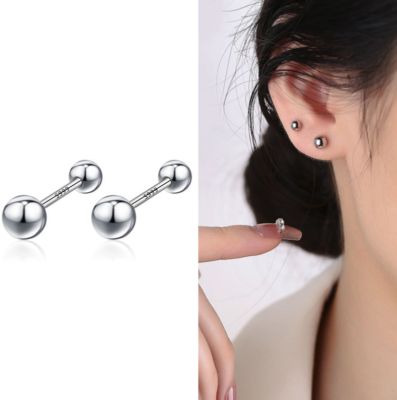 S999 Sterling Silver Stick Screw Ball Pierced Earrings for