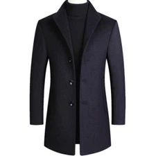 Men's Business Work Lapel Mid Long Jacket Slim Fit Single Breasted Coat Overcoat