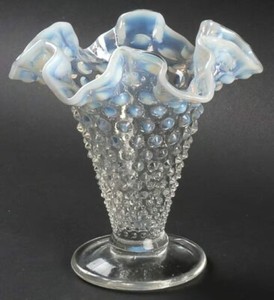 Hobnail French (Opalescent) Vase by FENTON Footed Double Crimped  , 5" Tall