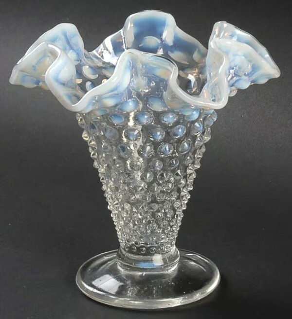Hobnail French (Opalescent) Vase by FENTON Footed Double Crimped  , 5" Tall