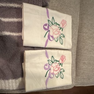 Embroidered Floral Cotton Pillowcases Set of 2 White Pink Green Purple Standard
