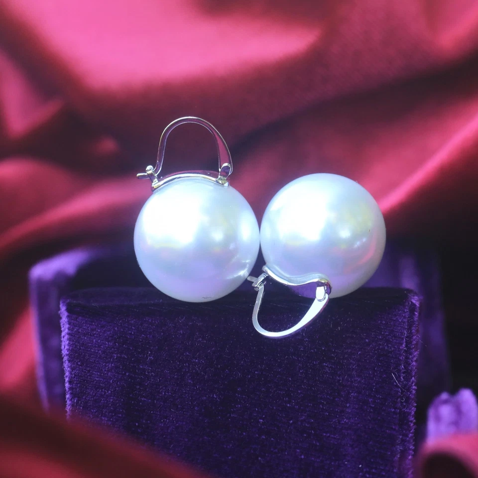 Rare Boucles d'Oreilles Dormeuse Argenté Enorme Perle Blanche 20mm Rétro SB66 - Photo 2/4