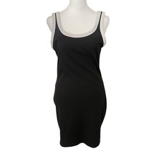 VICI Womens Large Bodycon Tank Dress Black Ribbed White Trim Casual Basic