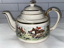 Vintage Porcelain Teapot Ribbed Fox Hunt Panorama Sadler England