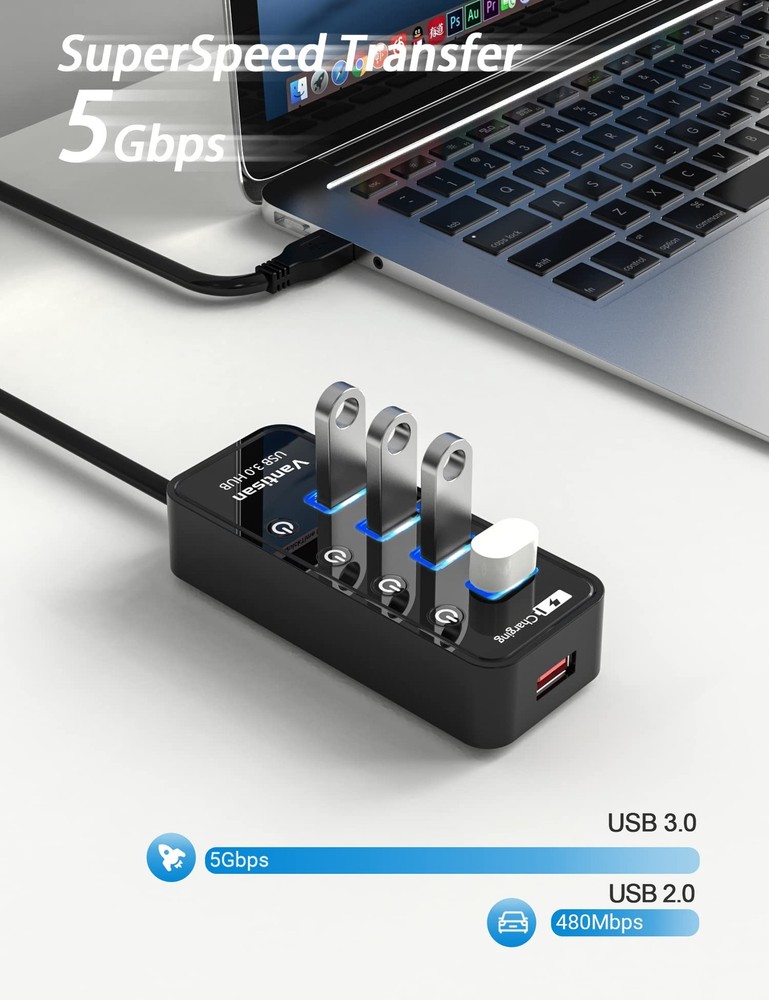 4-Port Powered USB 3.0 Hub with Data Transfer & Extension