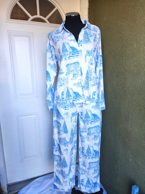 Printfresh Kathy Hilton Pajama Set Holiday Toile Poplin Blue White Christmas XS