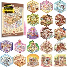 20 Sets 3D Sticker Scenes, Miniature House Book for Sticker Therapy, Cute Cartoo