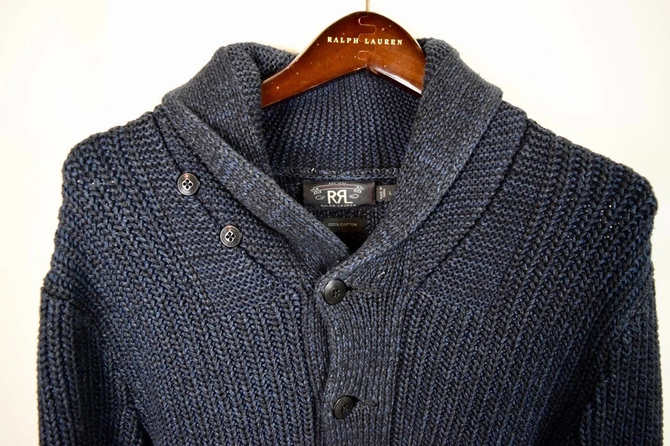RRL Ralph Lauren Cardigan Sweater Shawl Thick Cotton Blue Knit Men's Large L - Image 2 of 4