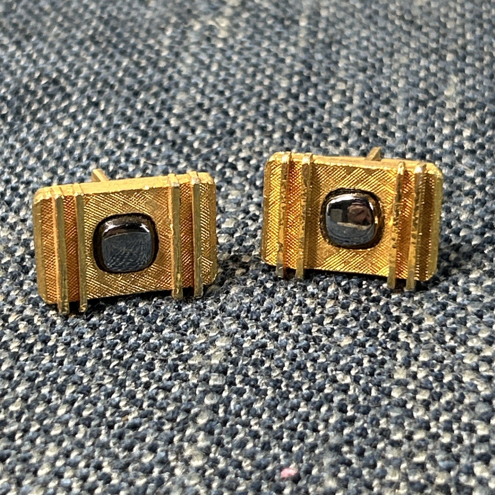 Gold Tone Cufflink Set Rectangles With Hematite S… - image 1