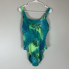 Vtg 90s Neon Green Fern One Piece Swimsuit High Cut Size 16 Flattering Coverage