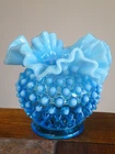 Vintage FENTON ART GLASS Blue OPALESCENT Hobnail VASE 4" x 5" Free Ship