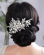 Silver Flower Crystal Rhinestone Hair Comb, Pearls Teardrop Rhinestone SILVER