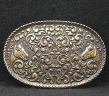 WA23118 VINTAGE 1970s FLORAL DESIGN W/ HORSE HEADS WESTERN BELT BUCKLE