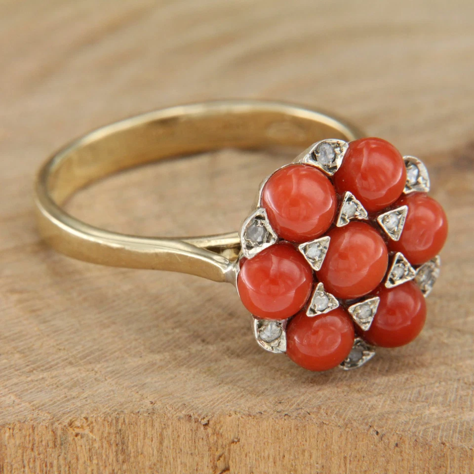 Bague en OR Jaune 14 Carats k CORAIL Cabochon et DIAMANT style Ancienne Femme - Photo 2/4