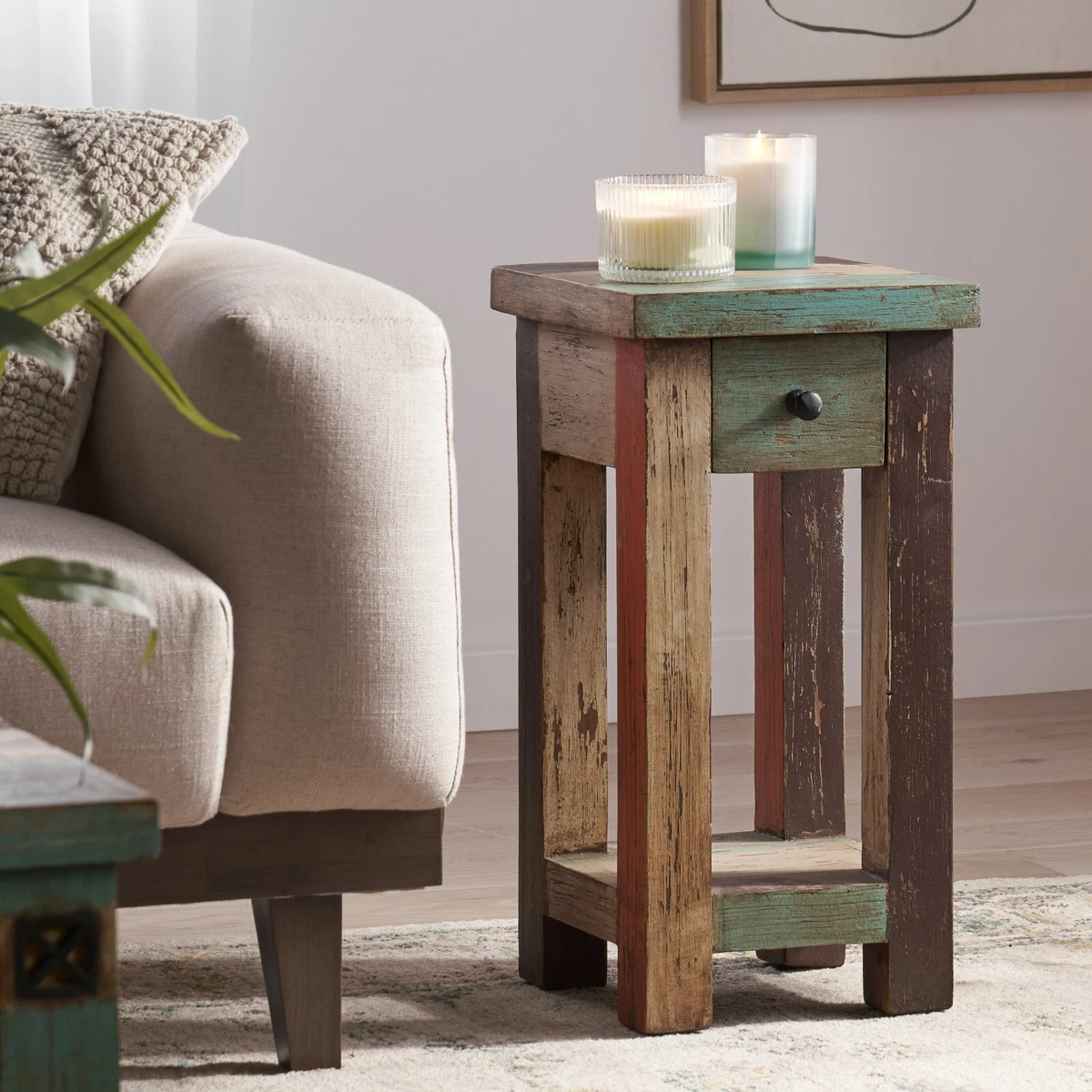 Tracey Boho Handmade Distressed Mango Wood Small Side Table Multicolored