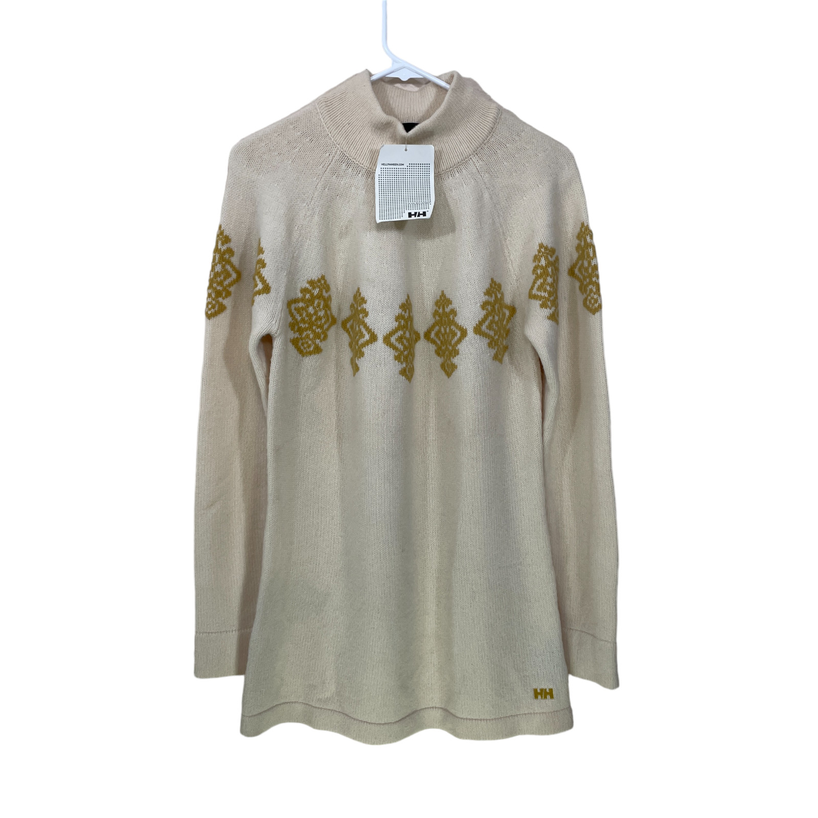 NWT Helly Hansen Women's Size L 100% Lambswool Knit Sweater Tunic Ivory Gold NEW
