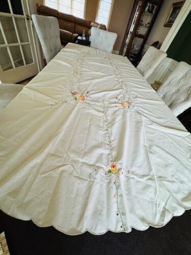 VTG TABLECLOTH OVAL HAND EMBROIDERED CROSS STITCH ROSES LACE 66x94” SCALLOPED - Picture 15 of 18