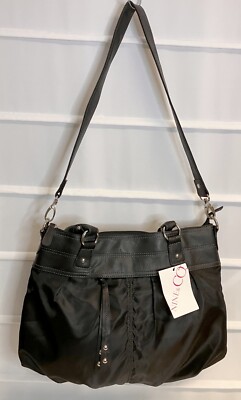 Nine & Co Black Faux Leather & Nylon Shoulder / Double Handle Handbag Purse NWTS