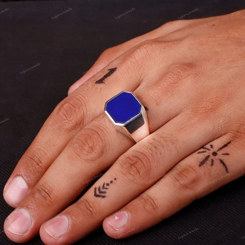 Anillo de lapislázuli para hombre anillo de plata de ley 925, sello anillo para hombre regalo para él Foto 2 de 4