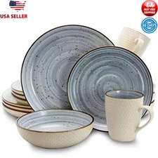 Round Stoneware Luxurious Mellow Dinnerware Dish Set 16 Piece Glossy Blue/White