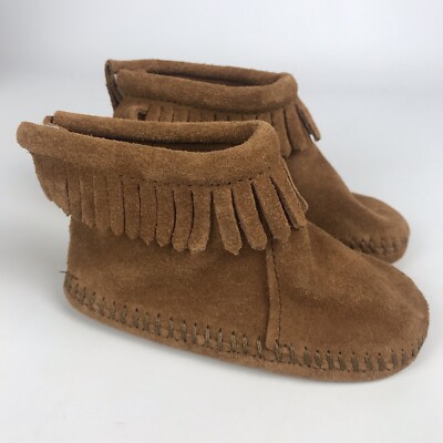 Minnetonka Moccasins Fringe Ankle Boots Booties Baby Toddler Size Brown  Suede