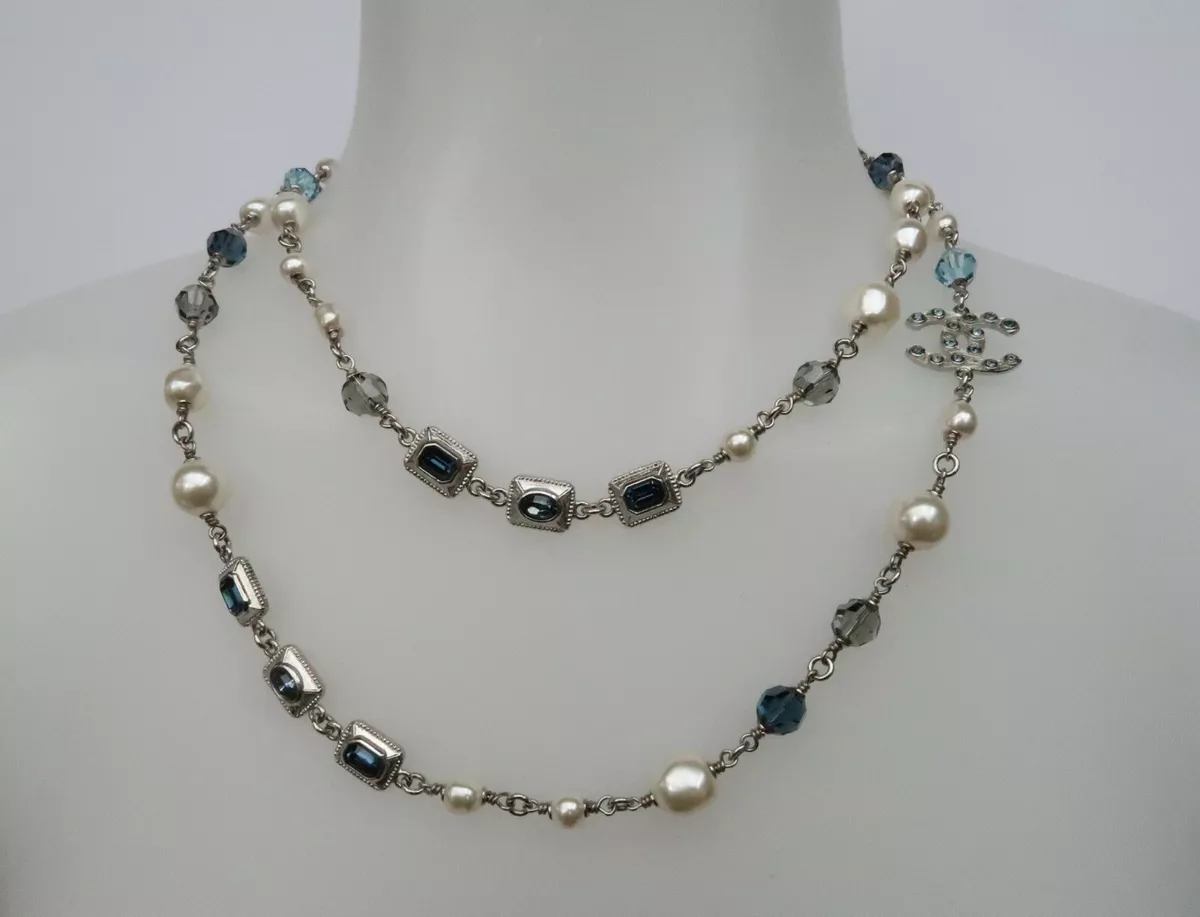 Chanel Silver-pearl-blue Crystal CC Logo Long Necklace