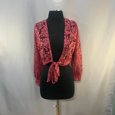 Amber Sun Wrap Blouse Top Womens Small Red Floral Velvet Crop Tie Front Smocked