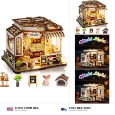 DIY Miniature House Kit, Pet Shop Book Nook Kit with LED Light, 3D Wooden Puz...