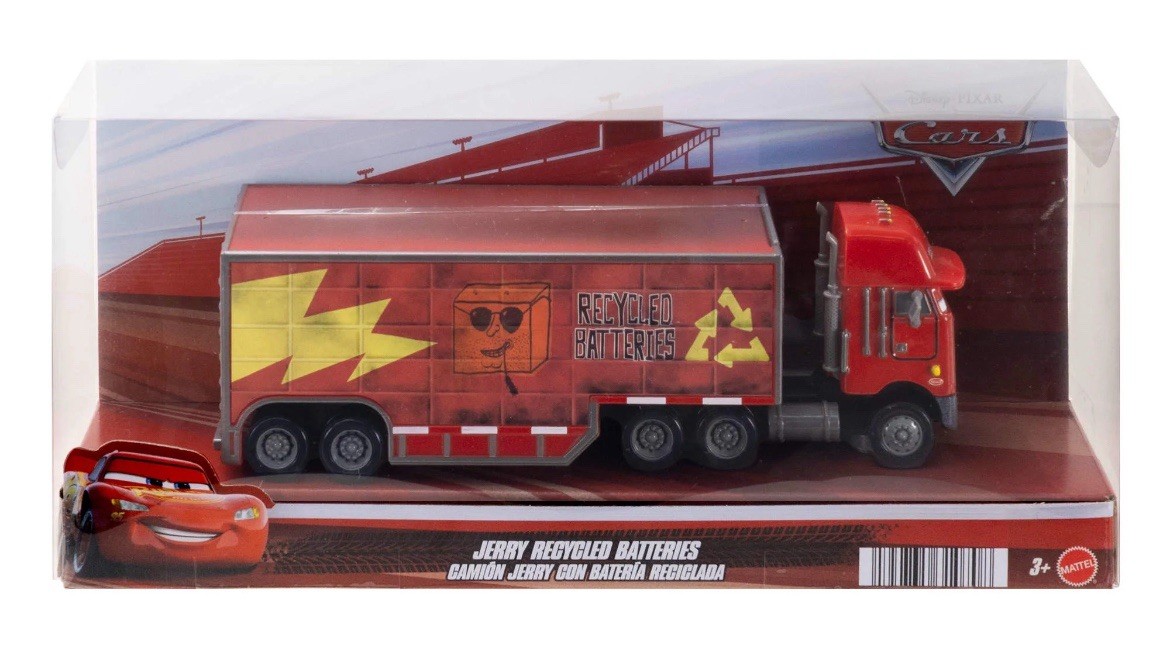 DISNEY PIXAR CARS JERRY RECYCLED BATTERIES SEMI TRUCK HAULER