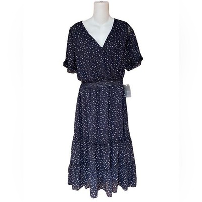 West Kel Navy Blue Print Short Sleeve Elastic Waist Dress NWT