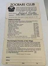 1977 San Diego Zoo ZOOFARI CLUB Membership Card 3 Parts Attached