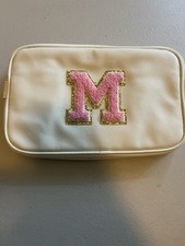 Set of 3 White  Pink Makeup Bags with Zipper and 'M' Embroidery
