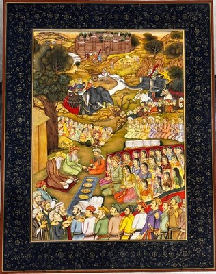 Miniaturmalerei von Akbar und Königin Besuch in Ajmer, Handgemalt