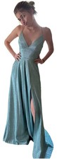 B DARLIN Juniors' High-Slit Glitter Long Gown Seafoam Silver Sz 0 Prom Dance