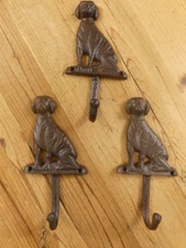 3 Cast Iron Antique Style DOG Coat Hooks Hat Hook Rack Towel LAB Retriever Puppy