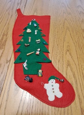 Vtg Felt Christmas Stocking Handmade 50s Tree Snowman Sequins Misc Charms MCM