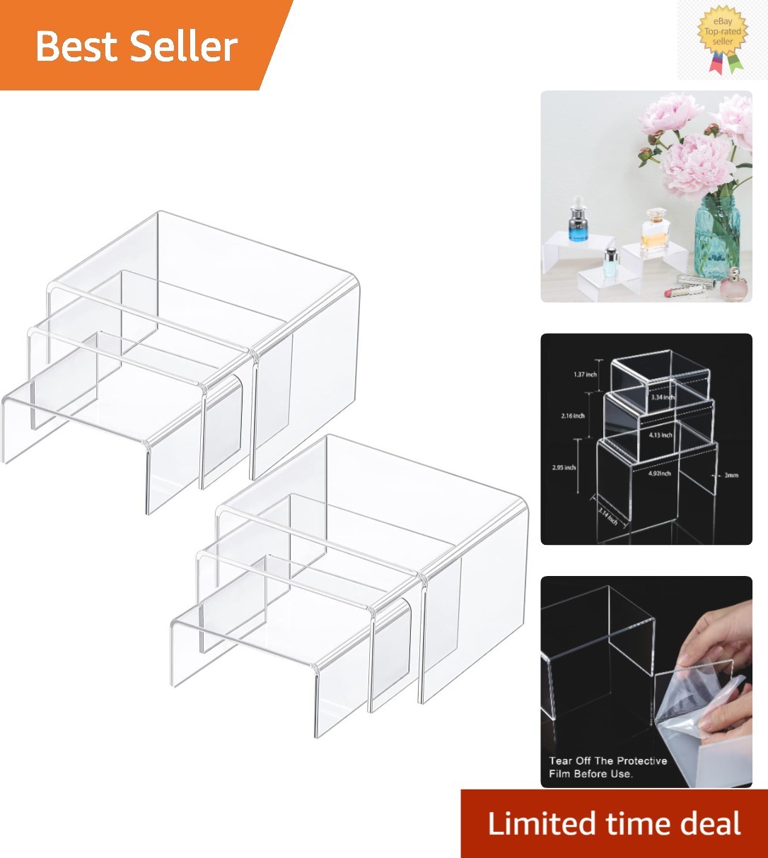 2 Sets of Clear Acrylic Display Stands - 3 Sizes for Perfect Organization