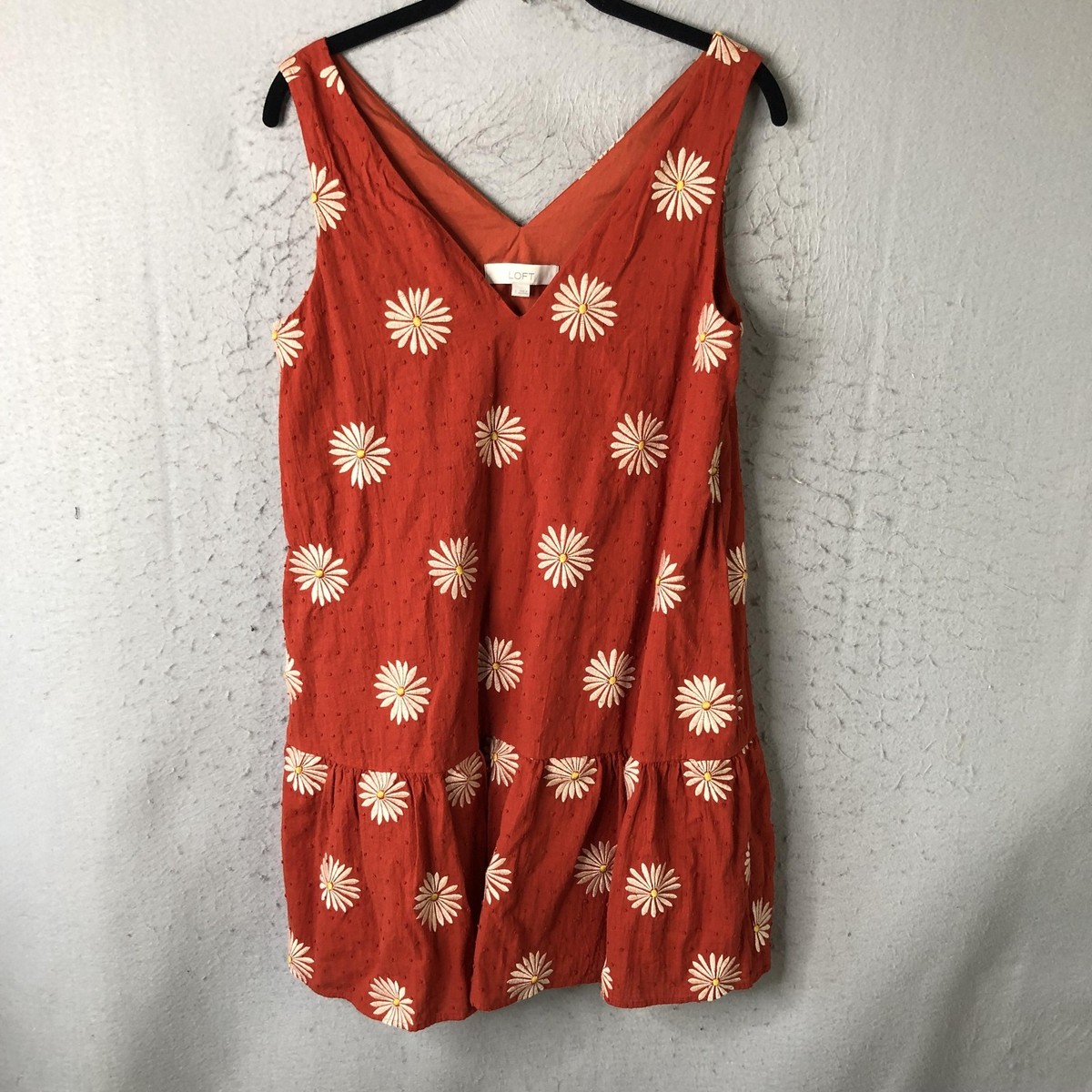 loft embroidered dress LOFT Dress Womens Small Orange Daisy Embroidered Swing Ruffle Hem Sundress  Boho